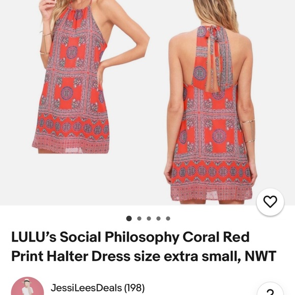 LuLu’s Social Philosophy Coral Red Boho Print Halter Back Tie Mini Dress•X-Small - Picture 8 of 8